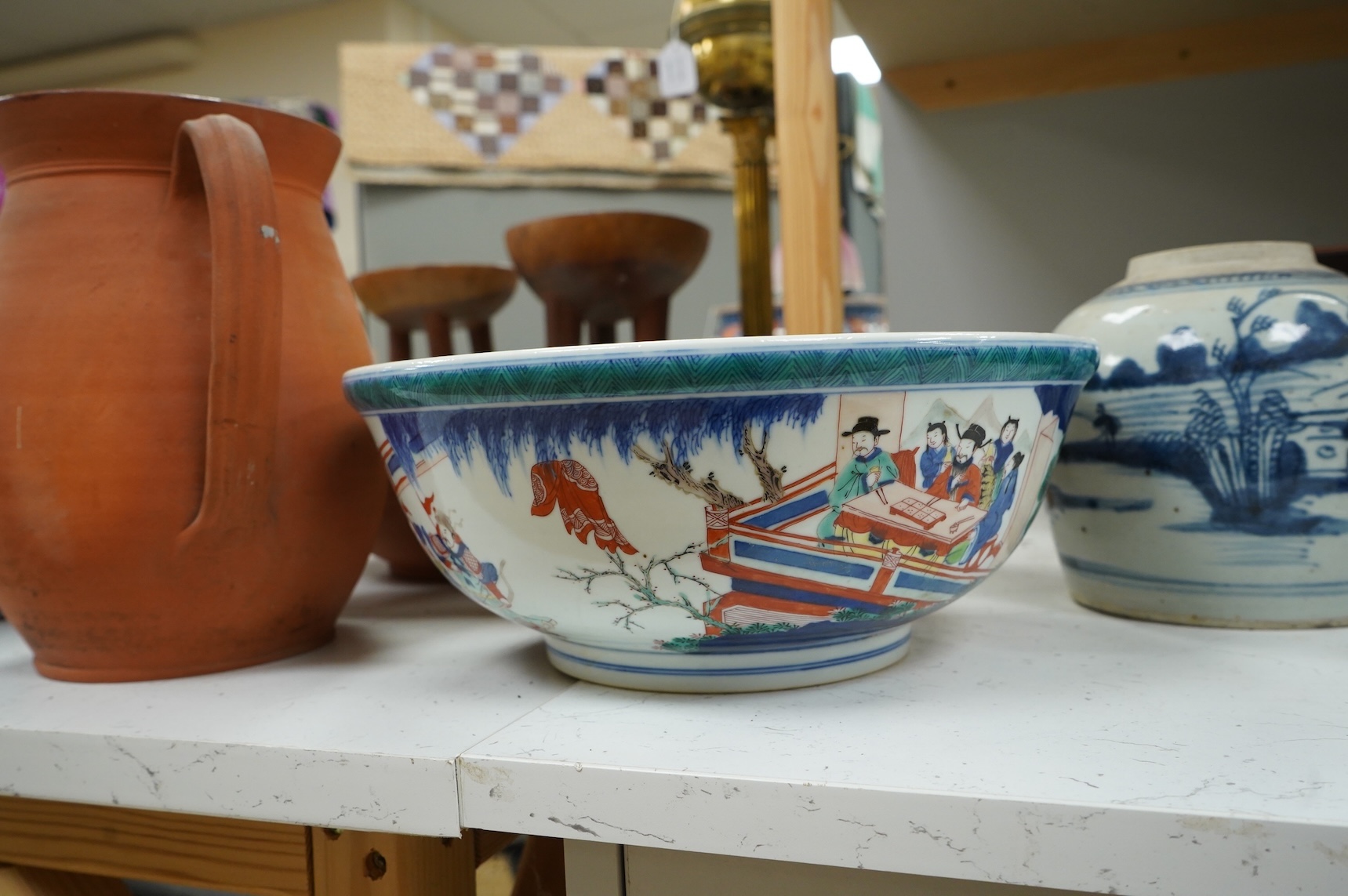 A Chinese famille verte ‘warriors’ bowl and a blue and white ginger jar, bowl 29.5cm diameter